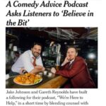 Jake Johnson Instagram – Thx @nytimes for featuring our podcast We’re Here To Help @heretohelppod @reynoldsgareth @kevinjbartelt 

We appreciate you reaching out and writing this article @melina.delkic & for the calls you sat through with us.

And for those asking the wings are from Ye Rustic Inn in Los Feliz. They’re incredible. 

Link in bio