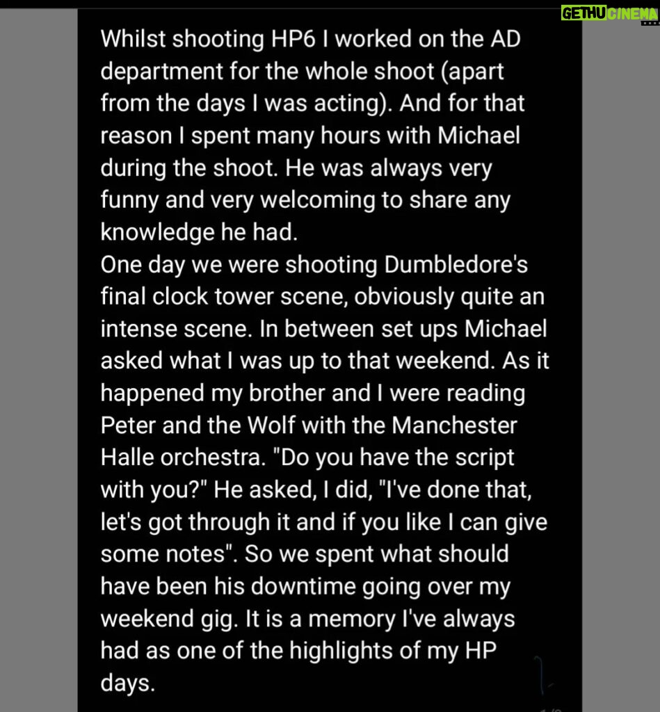 James Phelps Instagram - I'm very sorry to hear about the passing of Michael Gambon. He was, on and off the camera, a legend. Just a little memory of Michael London, United Kingdom