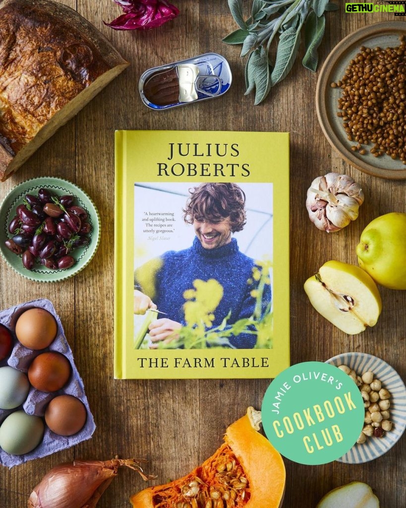 Jamie Oliver Instagram - I’ve got a properly beautiful book for you guys for my Cookbook Club this February…..🥁🥁🥁 It’s The Farm Table by @juliusroberts !!! Everything about this book is wholesome including its gorgeous author ha ha ha ! The book is split up into the seasons and really focusses on cooking seasonal produce at its best. He’s put his heart and soul into this book and it really shows. Don’t forget all my Cookbook Club members on Facebook get some exclusive recipes to try each month...... 👉 Hearty sausage stew 👉 Pear & walnut upside-down cake 👉 Sardine puttanesca Hit the link in my bio to join now if you haven’t already ! Big love JO x x x #JamieOliversCookbookClub #ad