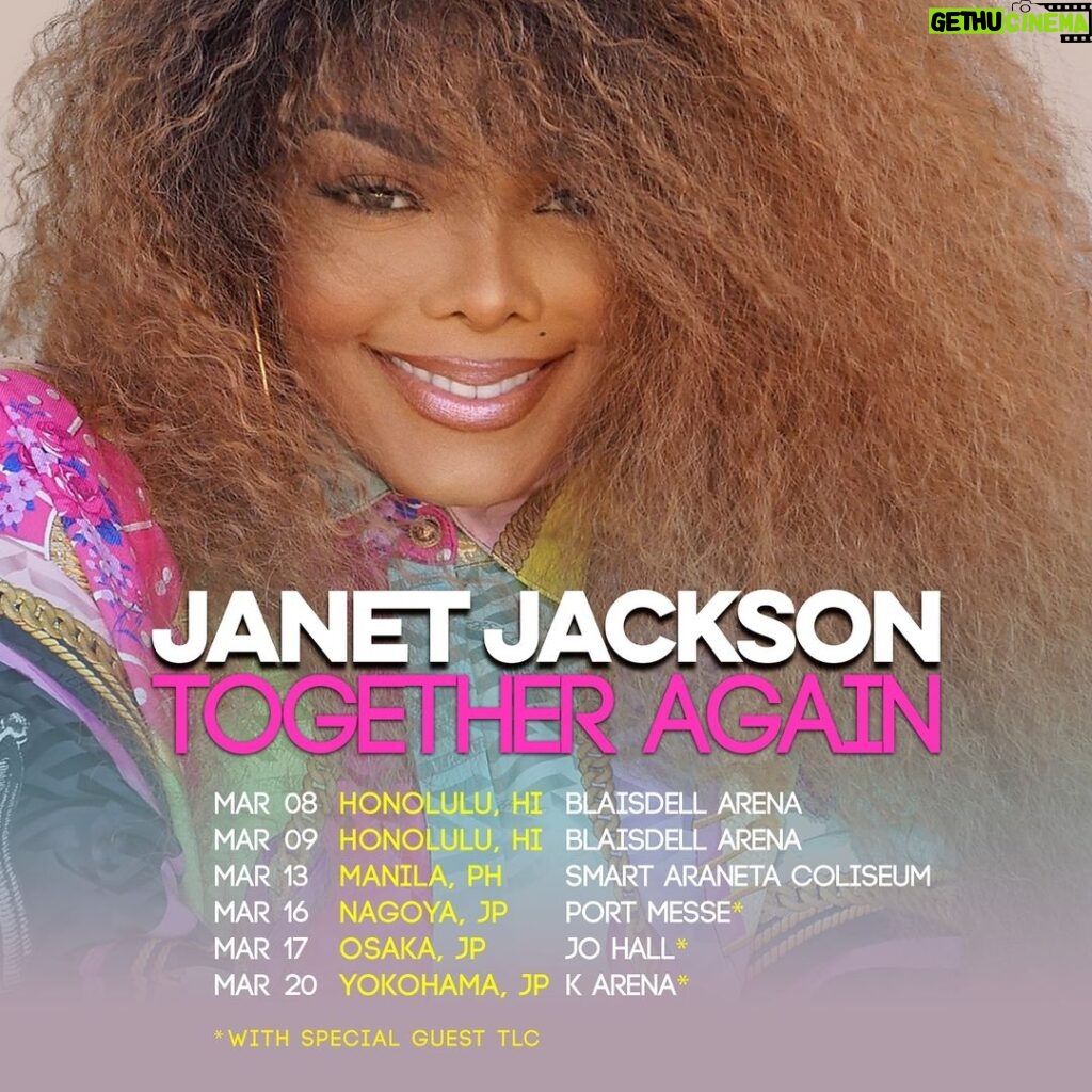 Janet Jackson Instagram - And even more exciting news…I’m so happy to announce that in addition to Hawaii, we’ve added TOGETHER AGAIN dates in Manila and Japan. Can’t wait to see you 😘 Hawaii & Manila dates on sale Nov 25 & Japan dates on sale Jan 13. Visit www.janetjackson.com for details.