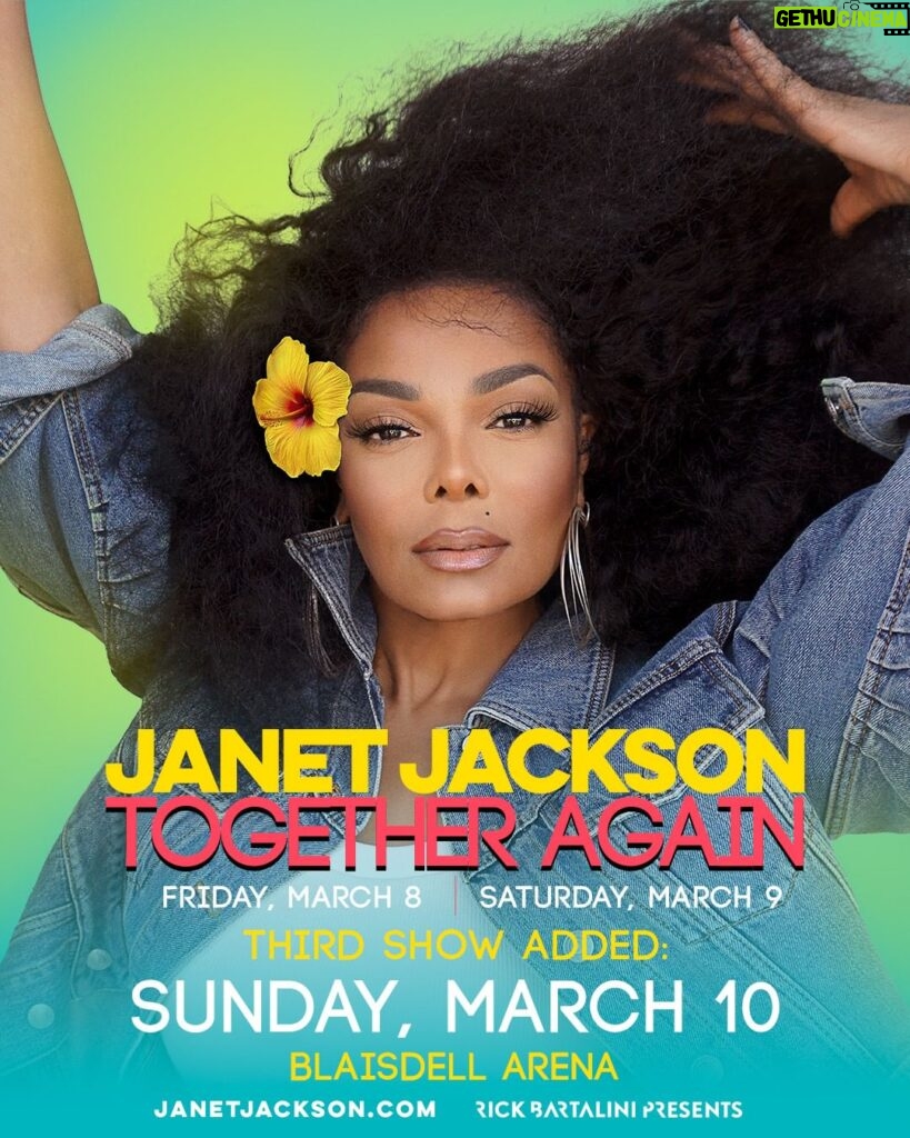 Janet Jackson Instagram - Hawai’i! Thank u so much for all the LUV! Excited to announce we’ve added a third date. We will be Together Again at @blaisdellcenter on March 8, 9 and 10! 🌺 Hawai’i resident pre-sale for March 10 starts this Saturday, December 16 at 10am HST. Pre-sale is online only, no password required. General on-sale begins Saturday, December 23 at 10am HST // 12pm PST Link in bio Honolulu, Hawaii