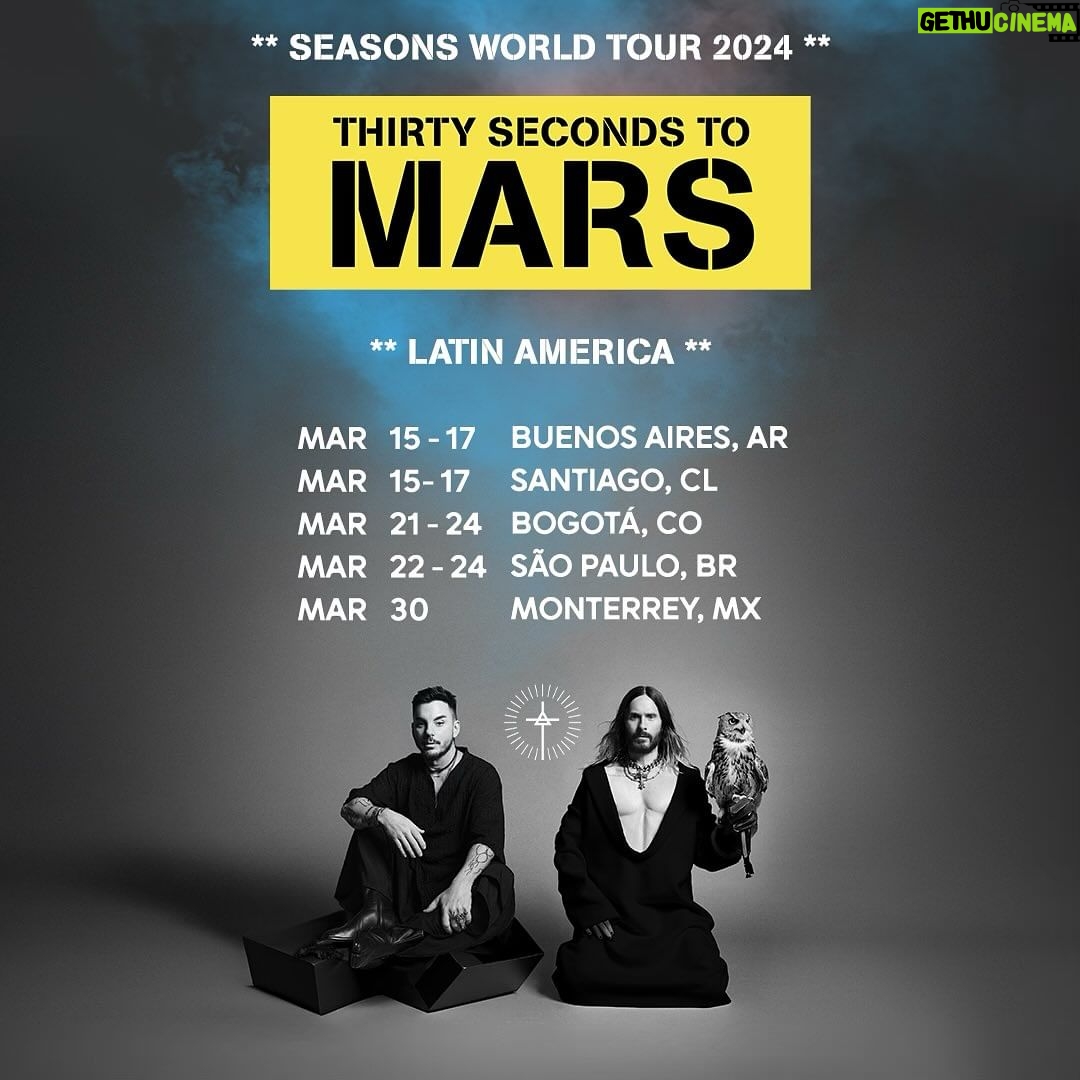 Jared Leto Instagram - Whoβs coming and to which show??πΊπ» North America - presale starts TODAY @ 10am local, password: Seasons Empire πΈ & π₯: @renan_ozturk Heli π₯: @gotham.film // Aerial DP: @vancalcine Graphic Design: @grossjulian Poster πΈ: @jackwaterlotstudio Thanks to: @empirestatebldg & @raybanmeta π