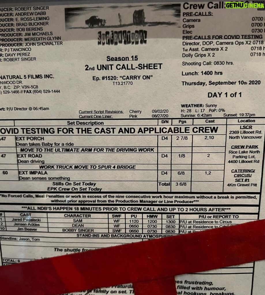Jared Padalecki Instagram - One year ago today, we all watched the #Winchesters say goodbye, and hello again… Here is my LAST call sheet, and my LAST tape mark, that my brother Jason Cecchini grabbed off that bridge and placed on the call sheet in a frame he brought that morning (I had no idea). And, there’s where it sits in my office, next to a panel from the MOL bunker… #CarryOn y’all. #spnfamily