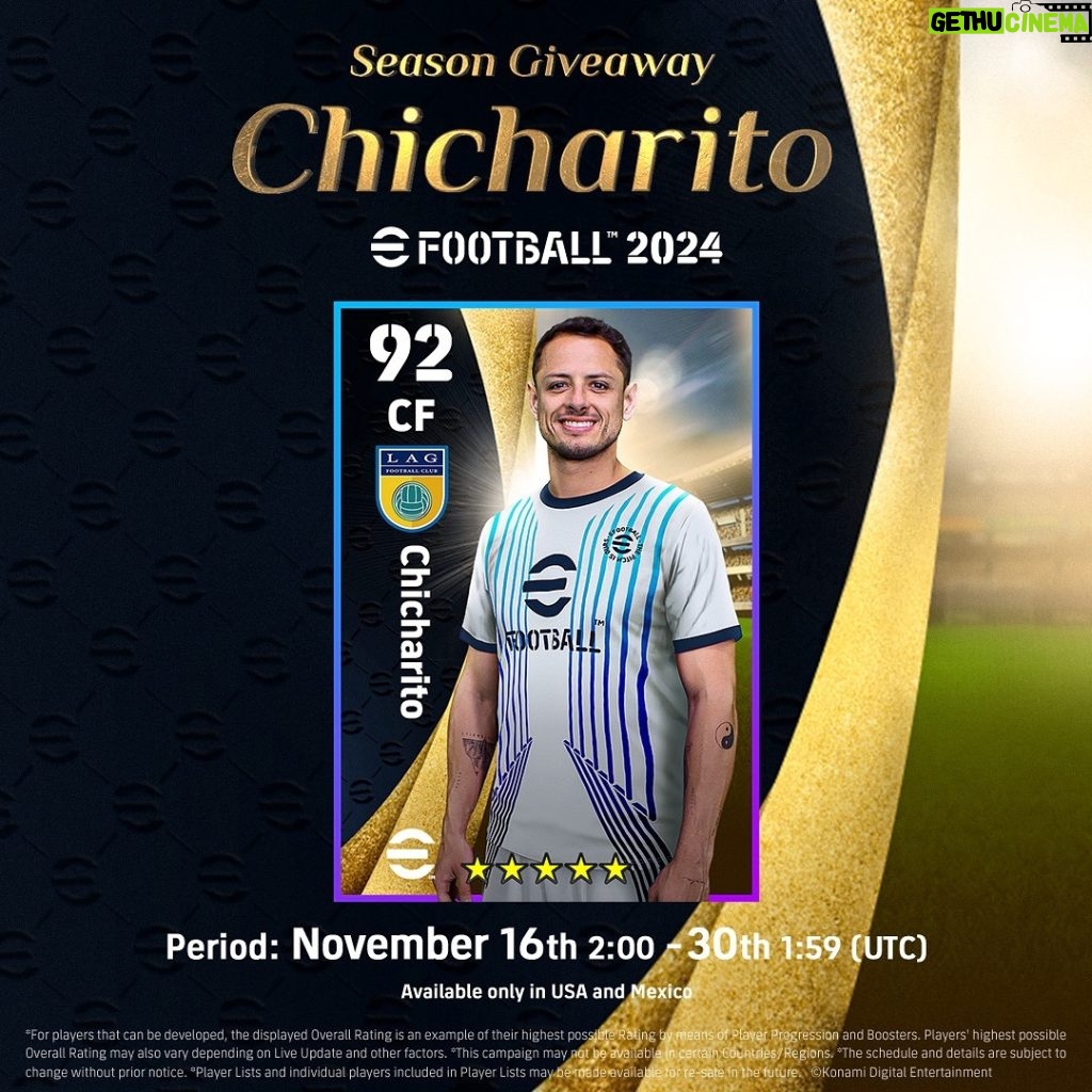 Javier 'Chicharito' Hernández Instagram - My friends at @efootball are having a special Season Giveaway for you gamers! Download #eFootball2024 Free to Play and receive my special card. So, what are you waiting for? Play eFootball for free and score a few GOLAZOS with me! ⚽ Los Angeles, California