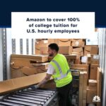 Jeff Bezos Instagram - Repost from @CNBC ⁣ ⁣ Amazon said Thursday it will offer to pay 100% of college tuition for its 750,000 U.S. hourly employees.⁠⁣ ⁣ Starting in January 2022, Amazon said it will cover the cost of college tuition, fees and textbooks for hourly employees in its operations network after 90 days of employment. It will also begin covering high school diploma programs, GEDs and English as a second language certifications for employees.⁠⁣ ⁣ Find out which rival retailers have also beefed up their education benefits in recent months at the link in bio.