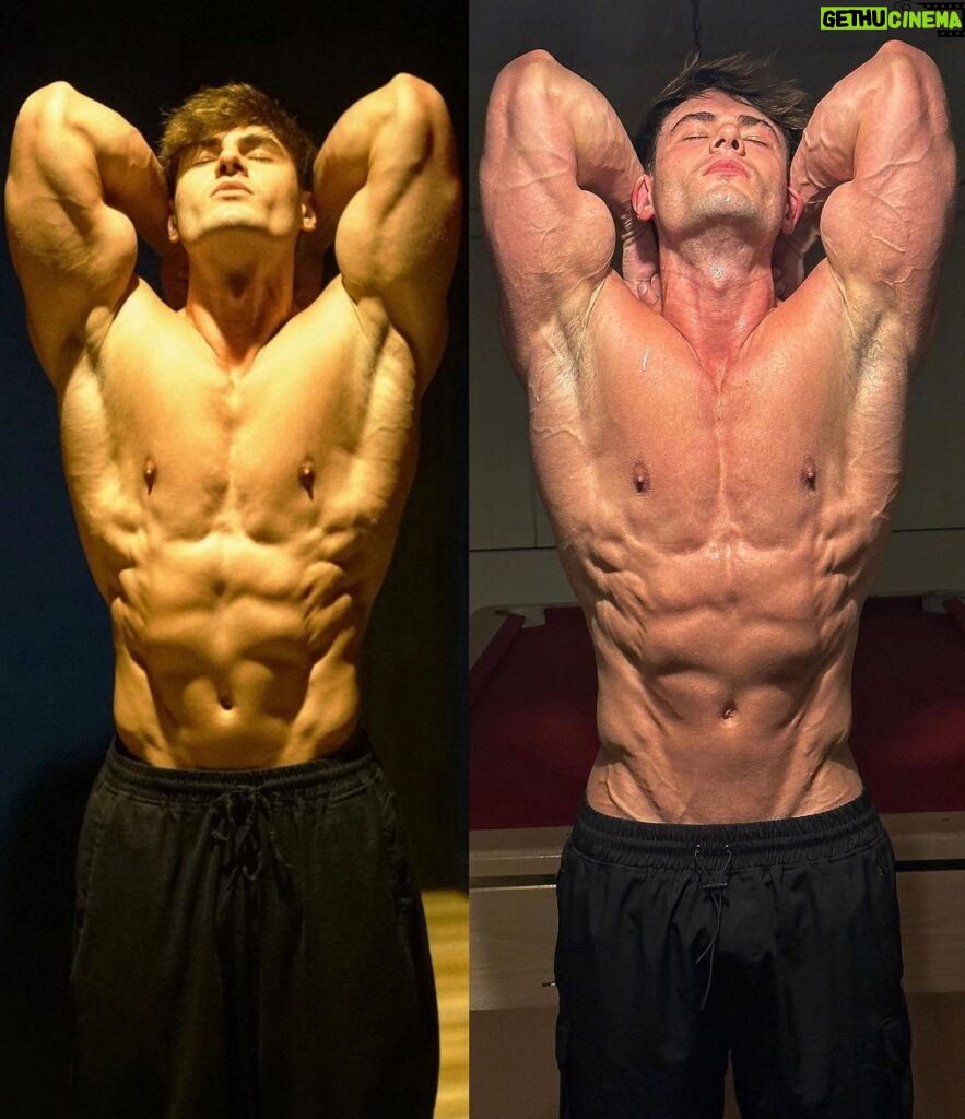 Jeff Seid Instagram - TWO WEEK NATURAL SHRED Posted the pic on the left 2 weeks ago talking about how I was going to shred down using a high carb diet. Picture on the right is today after a 30 minute 194f/90c sauna session. During those 2 weeks I was doing high volume training 5x a week, fasted cardio and HIIT twice a week. No cutting agents, no steroids, no fat burners etc were involved in this shred. Just good old fashion hard work and knowledge. Lost some muscle along the way but it’s to be expected when trying to shred quickly as a natty. The before and after pics speak for themself.