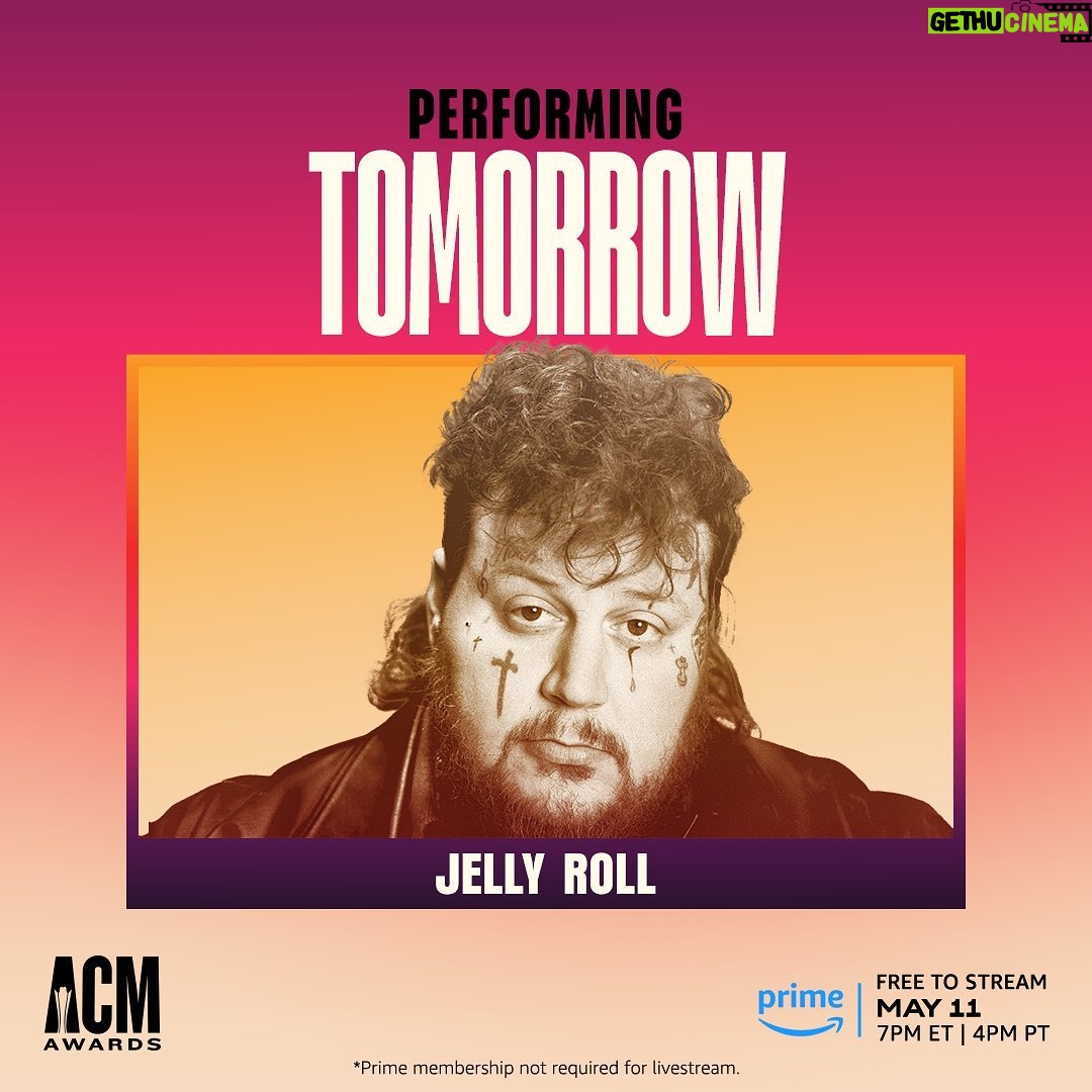 Jelly Roll Instagram - Country Music’s Party of the Year is almost here! Don’t miss my performance on the @ACMawards - TOMORROW at 7pm ET / 4pm PT on @PrimeVideo 🎵FREE to stream live at amazon.com/ACMawards #ACMawards
