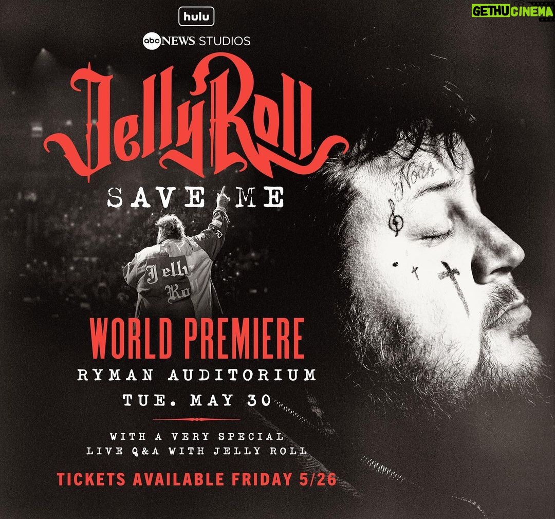 Jelly Roll Instagram - I’ll be at the mother church, @theryman, back to back nights! The first night May 30th will be the world premiere of my documentary “Save Me” with a Q&A session. The second night May 31st I’ll be performing “Whitsitt Chapel” in its entirety— be the first to hear the album live! Tickets are available Friday, May 26th