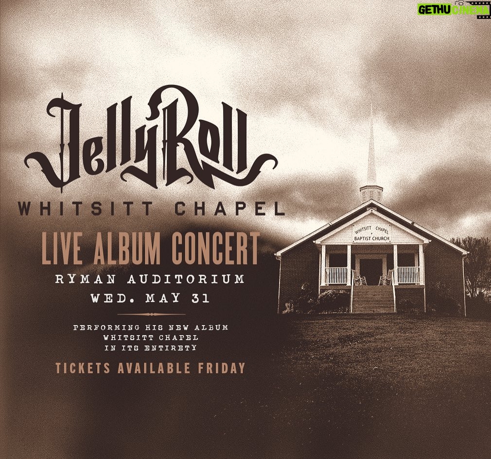 Jelly Roll Instagram - I’ll be at the mother church, @theryman, back to back nights! The first night May 30th will be the world premiere of my documentary “Save Me” with a Q&A session. The second night May 31st I’ll be performing “Whitsitt Chapel” in its entirety— be the first to hear the album live! Tickets are available Friday, May 26th
