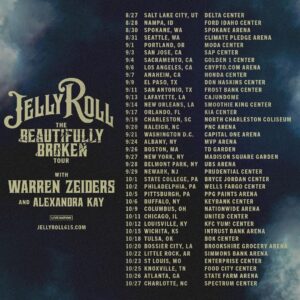 Jelly Roll Instagram - The Beautifully Broken Tour 2024, with my friends @warrenzeiders and @alexandrakaymusic , is coming to a city near you! Pre-sale begins 2/27 at 10am local time. Sign up for a pre-sale code at JellyRoll615.com

This is the biggest tour of my life y’all and I’m going to do it really really big this year— I can’t wait to see y’all at a show. Come party with us!