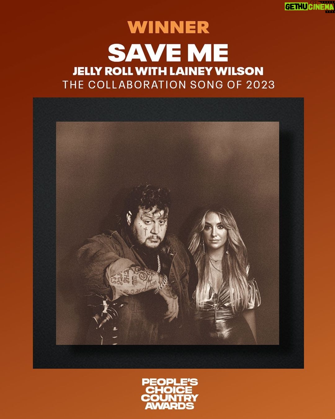Jelly Roll Instagram - Who doesn’t love a collab? Especially @jellyroll615 & @laineywilson, who won Collaboration Song of 2023! Congrats!! 🤝 #PCCAs