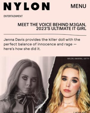 Jenna Davis Instagram - @meetm3gan in theaters now🖤I feel honored to be apart of this film. To our director, @gerardjohnstone you are a ray of visionary talent, I feel honored and had a blast combining our visions. I’m beyond thankful @universalpictures @blumhouse @atomicmonster @akelacooper @susanboyajian for granting me the opportunity. Grab your popcorn, meet M3GAN, and let me know what you think of your new bestie 🔪

pc: @ashleyrobertsphotos 
hair/mua: @nixeyartistry 
stylist: @styledbylmc 
purple suit: @majorelle_collection 
heels: @larroude 
bourree: @prettylittlething 
earrings: @kendrascott 
necklaces: @maisonmiru