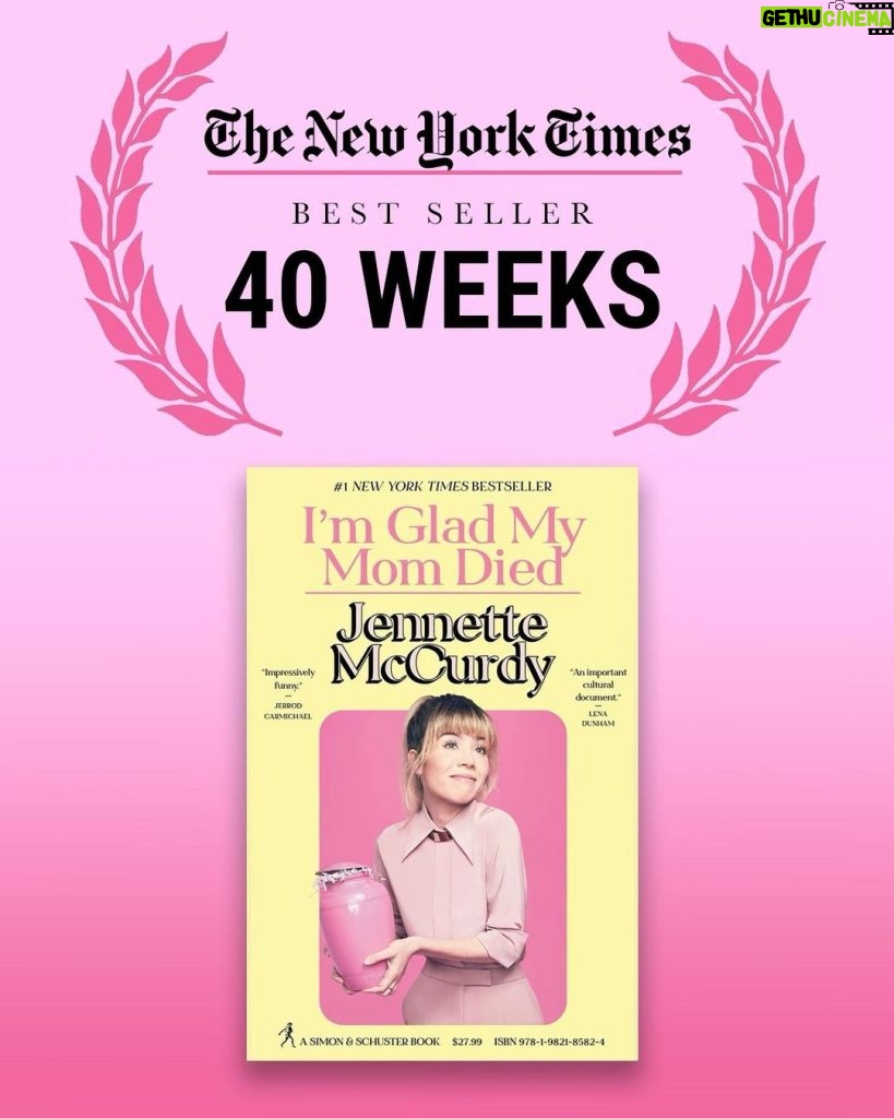 Jennette McCurdy Instagram - no i’m not turning 40 lol. but 40 weeks on the new york times bestseller list for IGMMD ?! i can’t believe it. i can’t believe millions of you (millions ?! 🫨🤯) have taken the time to read this book and have connected with it so deeply. the past nine months have been a wild ride for me, and beyond anything i could have ever imagined. i appreciate every second of it. thank you all for making it happen.