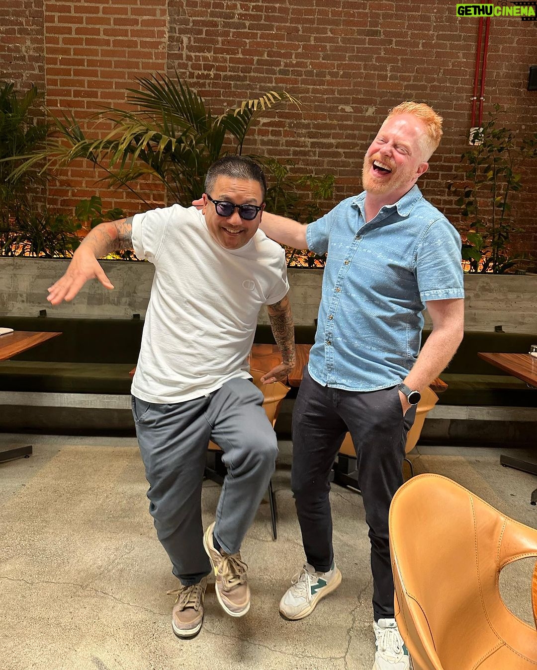 Jesse Tyler Ferguson Instagram - @chefroychoi and I had so much fun for this week’s episode of my podcast, Dinner’s on Me! ✌️🎧🍽️ Over incredible duck carnitas at @damiandtla in LA, I chat with Roy about the rise of Kogi, hanging out on Hollywood Boulevard as a teen, and what it was like to watch his parents close the family restaurant. It was such a great convo and the meal was truly delish—I mean, the photos speak for themselves! You’ll love the listen—catch the new episode in my bio. (This episode was recorded on May 25, 2023). Damian
