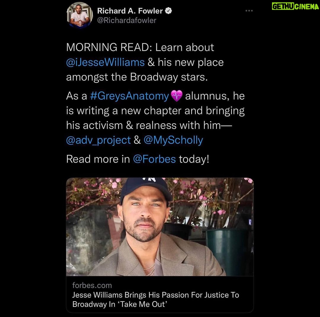 Jesse Williams Instagram - Thank you @forbes @richardafowler @advancementproject @my.scholly @cjgray91 @takemeoutbway Here’s a link you can’t click but roughly commit to memory then google https://www.forbes.com/sites/richardfowler/2023/01/09/jesse-williams-brings-his-passion-for-justice-to-broadway-in-take-me-out/?sh=2d78e2281ac2