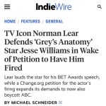 Jesse Williams Instagram – Norman Lear, a gentle man of action who carved trails in culture and consciousness early and often. A soul i came to know, debate and learn from at a turning point in both our lives. 
Forever grateful for his personal and professional generosity uphill; his use of privilege; his observant leadership in a society molded by the arts. 🕊️
Thank you for the leaps forward.