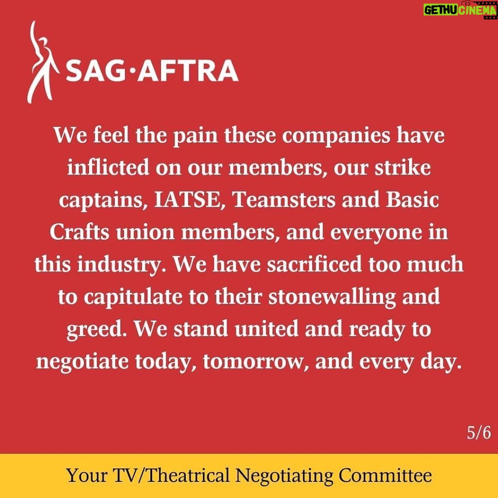 Jessica Chastain Instagram - “It is with profound disappointment that we report the industry CEOs have walked away from the bargaining table after refusing to counter our latest offer. We have negotiated with them in good faith, despite the fact that last week they presented an offer that was, shockingly, worth less than they proposed before the strike began. Our resolve is unwavering. Join us on picket lines and at solidarity events around the country and let your voices be heard. One day longer. One day stronger. As long as it takes.” - Your TV/Theatrical Negotiating Committee