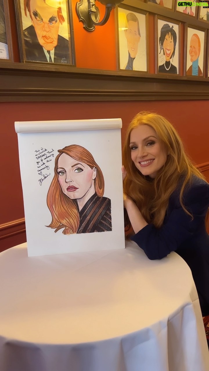 Jessica Chastain Instagram - The walls of @sardisnyc are lined with over 100 years of theatre folk portraits, today mine was added to the wall! @adollshousebway
