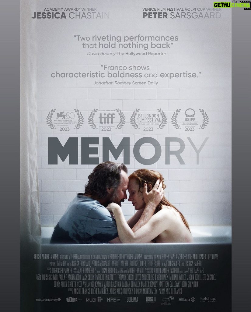 Jessica Chastain Instagram - The official poster for our movie “Memory” 🖤 in theaters in NY & LA on Dec 22. Nationwide Jan 5th. I can’t wait for everyone to see the Venice Film Festival Best Actor winner @gaardsars beautiful performance.