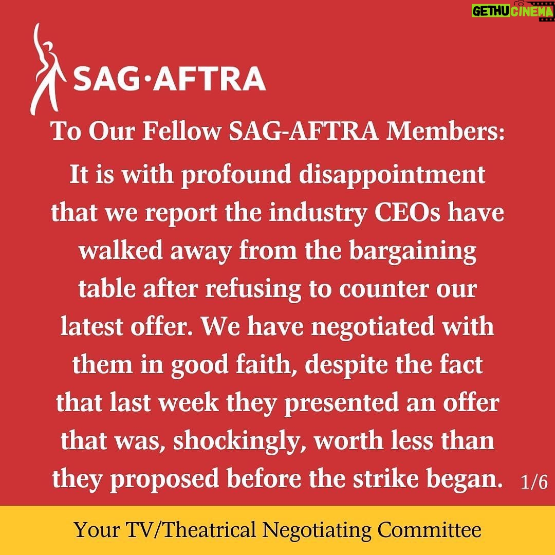 Jessica Chastain Instagram - “It is with profound disappointment that we report the industry CEOs have walked away from the bargaining table after refusing to counter our latest offer. We have negotiated with them in good faith, despite the fact that last week they presented an offer that was, shockingly, worth less than they proposed before the strike began. Our resolve is unwavering. Join us on picket lines and at solidarity events around the country and let your voices be heard. One day longer. One day stronger. As long as it takes.” - Your TV/Theatrical Negotiating Committee