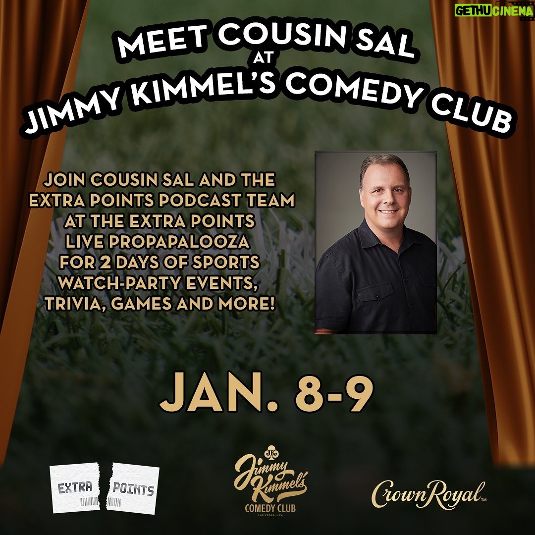 Jimmy Kimmel Instagram - Attention Degenerates! Watch the games with @TheCousinSal in VEGAS for the @ExtraPointsPod Live Propapalooza at @KimmelsComedyClub - Jan 8th & 9th! Tickets at the link in my bio. Presented by @CrownRoyal