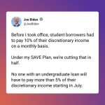 Joe Biden Instagram - Before I took office, student borrowers had to pay 10% of their discretionary income on a monthly basis. Under my SAVE Plan, we’re cutting that in half.