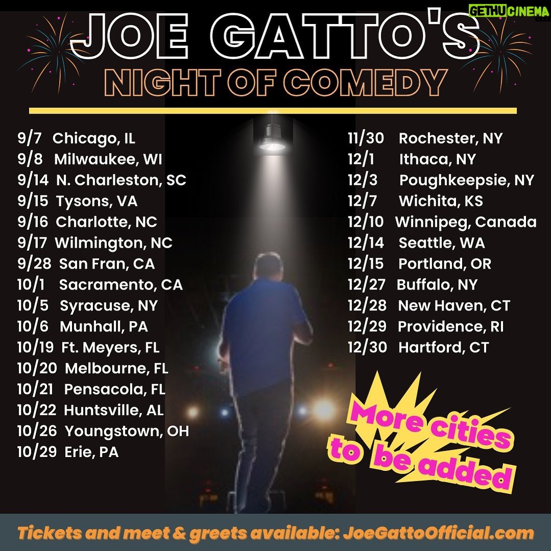 Joe Gatto - 27.1K Likes - Fall tour dates are ON SALE NOW (most of them). A HUGE thanks to all the fans that have come out so far. And also a thanks to everyone for their patience as I finally got to your cities. It’s been a wild ride so far. After I rest up this summer with some family time, I will be back on the road to wrap up my tour. And don’t worry, still some more to be announced if you don’t see your town.
.
.
Ticket link in bio or go to www.JoeGattoOfficial.com