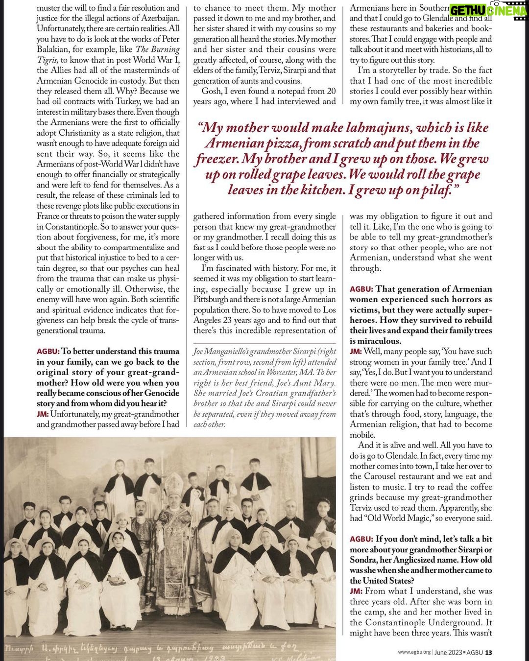 Joe Manganiello Instagram - I spoke to @agbuglobal about my Armenian heritage; my Great Grandmother’s escape from the Armenian Genocide of 1915, the realities of generational trauma, and the responsibility of keeping traditions alive in the diaspora…