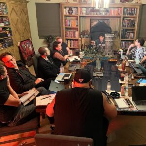 Joe Manganiello Instagram - Got the band back together after three years of remote play and no play… 
WAR OF DRAGONS Episode 73 kicked off with a food truck and a two hour recap from the very first adventure five years ago, all the way through to the present. 
The Sandal of Gygax made its appearance as it settled into its new home for the next calendar year at The E. Gary Gygax Memorial Dungeon in Beverly Park next to a set of Gary’s dice gifted to me by his son Luke for my 42nd birthday a few years back. 
Vince spearheaded a surprise for me, a framed piece of art by Max Dunbar that was used to craft the Wizkids miniatures sets, including all of the characters in the group but this time, with a looming Tiamat above. So f-ing cool…
It was a blast seeing everyone in person! Can’t wait for the next session.
