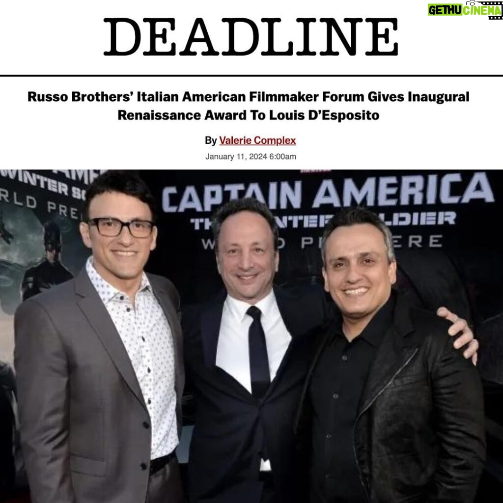 Joe Russo Instagram - We’re thrilled to announce that the amazing Louis D’Esposito will receive the very first Renaissance Award from the Russo Brothers Italian American Filmmaker Forum (RBIAFF.) Lou has been a driving force in the industry, steering the Marvel universe to new heights, and we’re honored to celebrate his incredible journey and commitment to Italian American heritage. RBIAFF, in partnership with the AGBO Foundation and the Italian Sons and Daughters of America, is empowering a new generation of filmmakers to bring their Italian American stories to the screen through the RBIAFF grant program. If you’re passionate about film and ready to explore the Italian American experience, mark your calendars—applications open February 1, 2024! More details to come soon… Link in bio for full story.