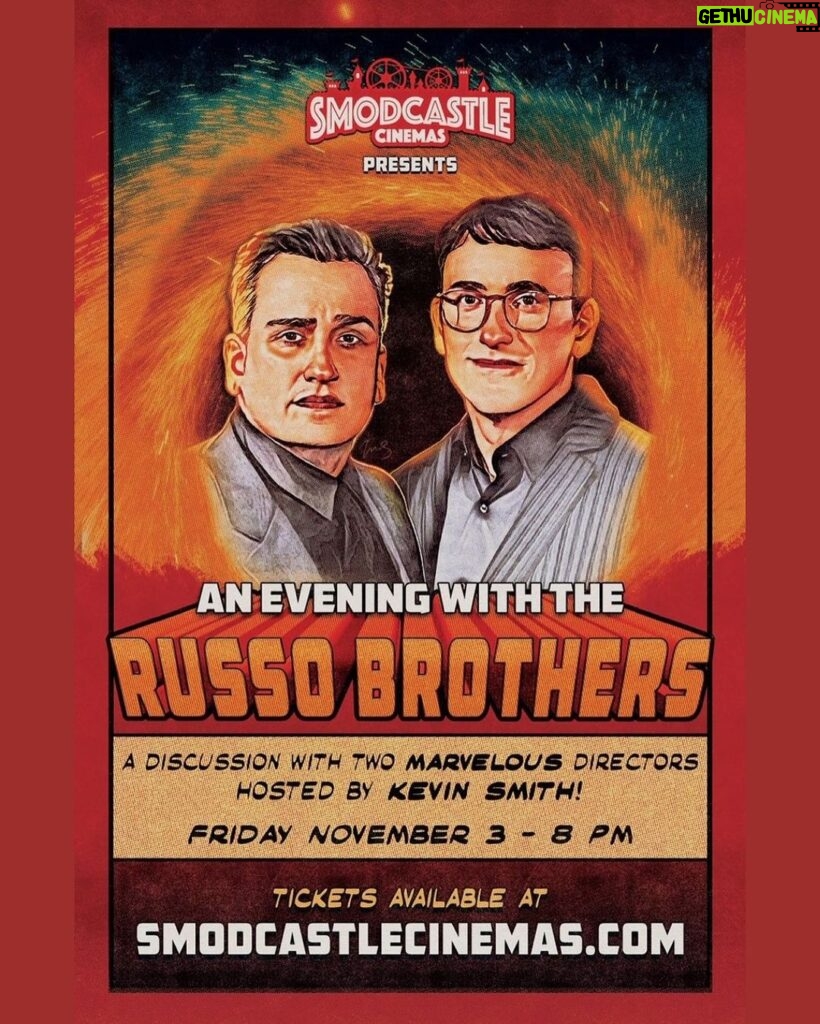 Joe Russo Instagram - Name a better trio, we’ll wait. Russo Bros are sitting down for a deep dive discussion with their friend Kevin Smith in Atlantic Highlands, NJ on November 3rd. ‼️We've got a few free tickets for our AGBOVERSE subscribers. Not signed up yet? Head to the link in bio “The kings come to the Castle when filmmakers Joe and Anthony Russo sit down for a deep-dive discussion that looks back on their illustrious careers! Kevin Smith interviews the sensational cinematic siblings who helmed the magnificent Marvel movies Captain America: Winter Soldier, Captain America: Civil War, Avengers: Infinity War and Avengers: Endgame, as well as classic sitcoms like Community and Arrested Development! Come see the Cleveland kids responsible for billions at the box office and hear how they went from Ohio to Asgard!” Tickets also available on Smodcastlecinemas.com #agbofilms #russobrothers #kevinsmith #smodcastlecinemas