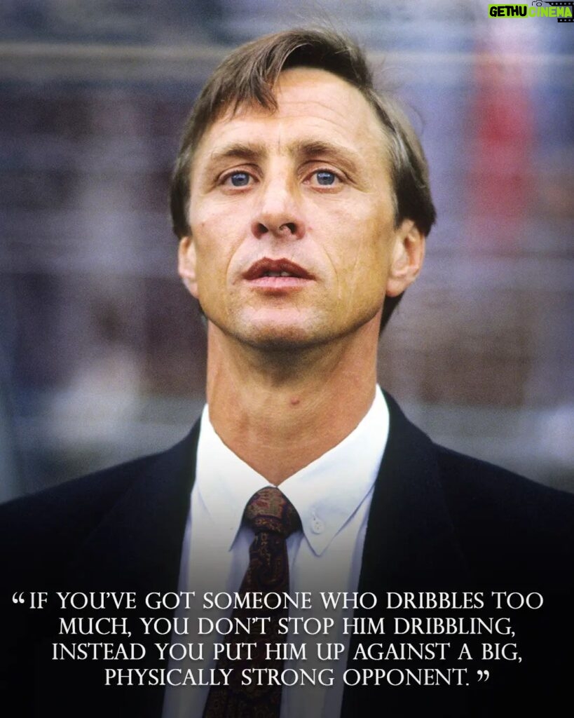 Johan Cruijff Instagram - On the 14th of each month we share one of Johan’s famously brilliant and simple quotes. 💬 ⠀ Today's is: "If you’ve got someone who dribbles too much, you don’t stop him dribbling, instead you put him up against a big, physically strong opponent." ⚽ ⠀ #CruyffLegacy