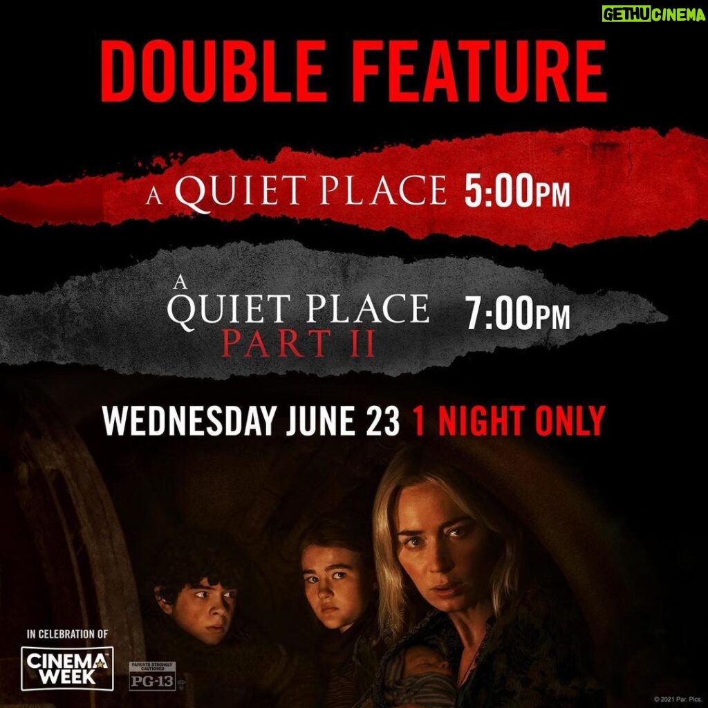 John Krasinski Instagram - YESSS! We’re celebrating Cinema Week the only way we know how!... with a one night only DOUBLE FEATURE of #AQuietPlace and #AQuietPlace2 !!! Wednesday, June 23! Get tix at AQuietPlaceMovie.com #TheatersAreBack