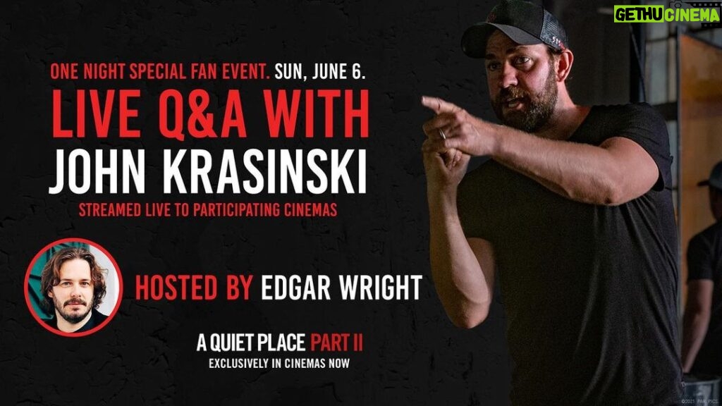 John Krasinski Instagram - Alright London... you asked for it! This Sunday night join me for a live Q&A with none other than mr. @edgarwright !!! And if you can’t make it to London? No worries! We’re streaming to over 230 theaters around the UK! http://www.aquietplacemovie.co.uk/johnkrasinskiqa/?tickets