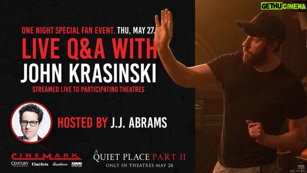 John Krasinski Instagram - Well this Thursday the theater surprise... is all mine! Thanks to my incredible surprise guest @jjabramsofficial !!! And if you can’t make it to LA? No worries! We’re streamin it live to about 500 participating theaters!!! See you there! #aquietplace2 #TheatersAreBack !!!