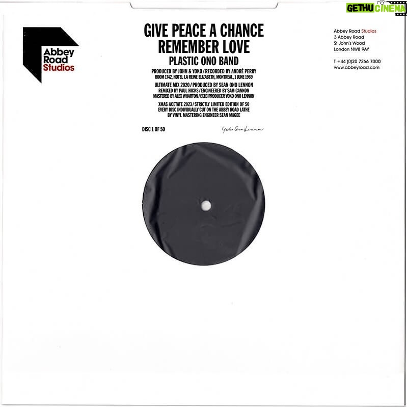 John Lennon Instagram - GIVE PEACE A CHANCE & REMEMBER LOVE. @yokoono & @sean_ono_lennon in association with @abbeyroadstudios and @umrecordings donate Ltd Edition acetates to 50 charities, non-profits & care organisations for them to raise money for Peace and Love this holiday season: @actionaiduk @afhcharity @allianceformiddleeastpeace @americanredcross @americares @amnesty @aneraorg @beyondconflictcharity @britishredcross @britukraid @thecartercenter @centrepointuk @chooselove @concernworldwideuk @directrelief @disastersemergencycommittee @doctorswithoutborders @globalpeacefoundation @hopeforhaiti @humanaidadvocacy @icrc @internationalmedicalcorpsuk @ipinst @rescueorg @mercycorps @mindcharity @minesadvisorygroup @novaukraine @nspcc_official @oxfamgb @thepcrf @peacedirect @peaceoneday_official @projecthopeorg @refugecharity @refugeesintl @sffny @salvationarmyuk @savechildrenuk @unrwa @refugees @uk_med @unfpa @unicef @warchilduk @warchildusa @whyhungerpix @womenforwomenuk @worldfoodprogramme @worldvisionuk In a note accompanying each record, Sean Ono Lennon says: ‘Happy Holidays. To raise the spirit of Peace and Love this December, here is one of only fifty Limited Edition acetates that have been hand-cut at Abbey Road. It’s yours – to sell, auction, raise money to help your charity or to fund your Xmas party – to GIVE PEACE A CHANCE and REMEMBER LOVE. The 50 double-sided 12” acetates were individually hand-cut on the lathe at the legendary Abbey Road Studios by mastering engineer Sean Magee. These rare vinyl acetates are the latest ‘Ultimatej Mixes’, produced by Sean Ono Lennon, mixed by Paul Hicks, engineered by Sam Gannon and executive produced by Yoko Ono Lennon. Each edition is stickered and numbered out of 50 and includes a machine printed signature from Yoko Ono Lennon, making them incredibly collectable. #givepeaceachance #rememberlove Find out more at johnlennon.com