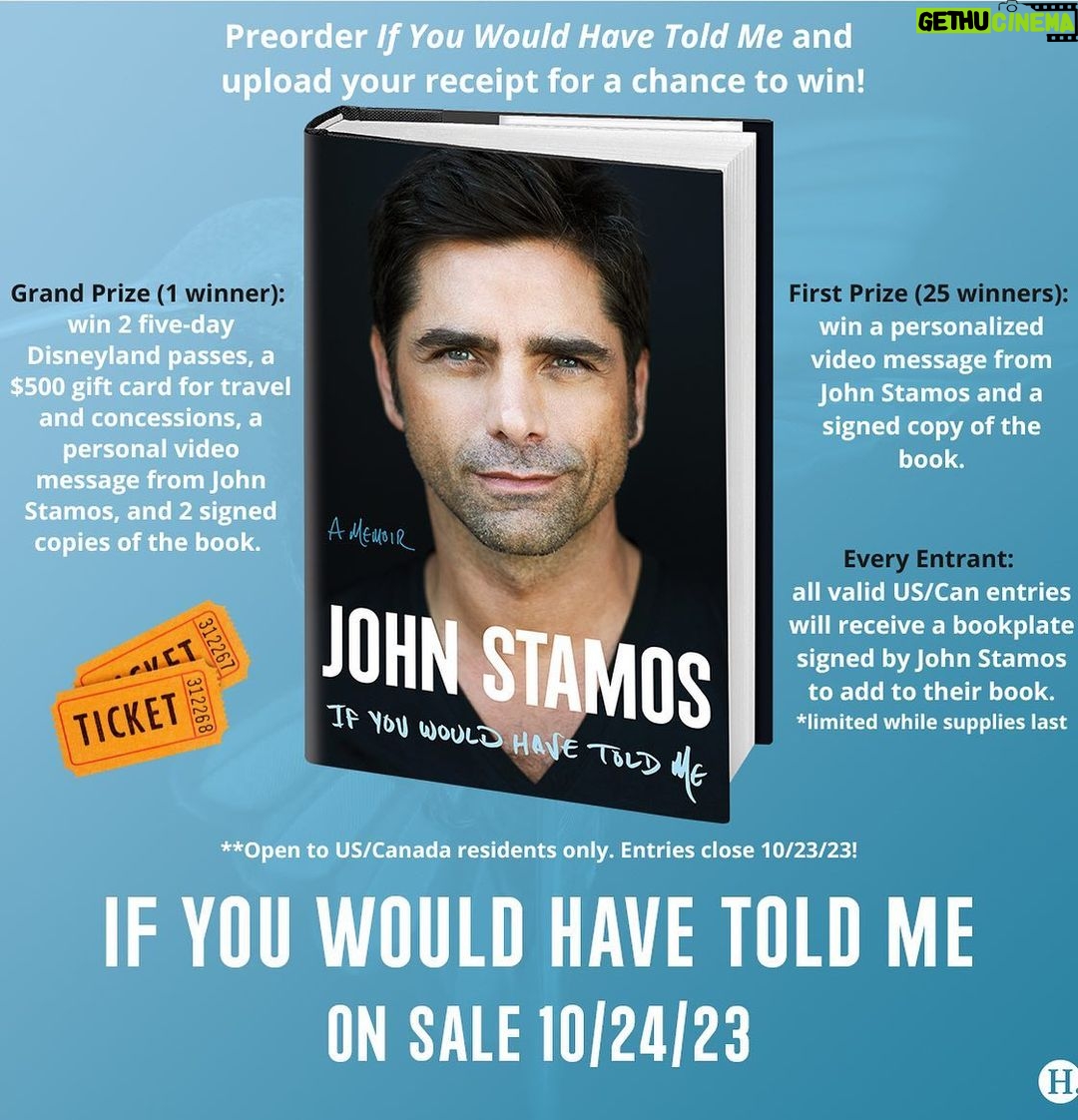 John Stamos Instagram - 🥁Drumroll please...if you've preordered #IfYouWouldHaveToldMe by @johnstamos (or if you plan to) we have a fun preorder sweepstakes you can enter for a chance to win two, five-day passes to one of John's favorite places on Earth - Disneyland 🎆🎇 along with a $500 gift card for travel and concessions, a personal video message from John, and 2 signed copies of the book! We're also offering 25 first prize winners a chance to win a personalized video message from John along with a signed copy of the book, and ALL entrants will receive a signed bookplate! Link in bio for the entry form and the official rules. **Entries close 10/23. Open to US and Canada only. **Please direct all sweepstakes questions to @henryholtbooks