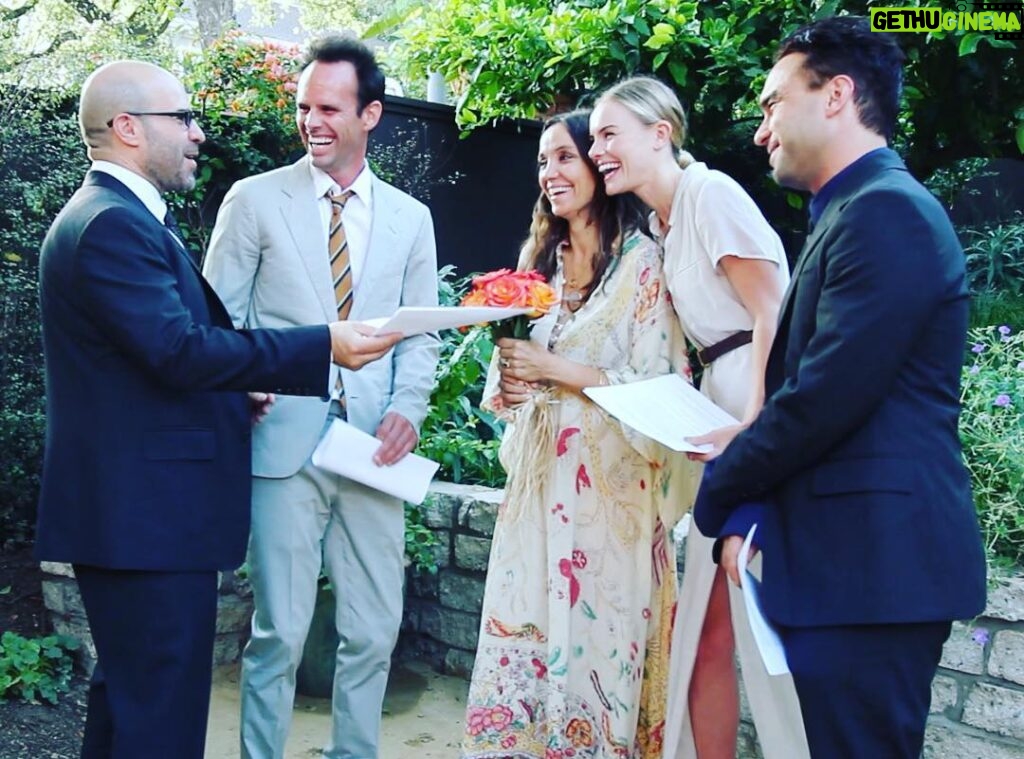 Johnny Galecki Instagram - Happy anniversary to two of my favorite people who have saved my life on many an occasion, @nadiasomerset and @waltongogginsbonafide Thank you for asking me to “officiate” your wedding. Sorry I was late. So much love. ❤️
