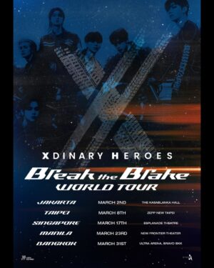 Jooyeon Instagram - ㅤㅤ　
Xdinary Heroes <Break the Brake> World Tour

📢SHOW INFO

📍Jakarta 2024.03.02 (Sat) @ The Kasablanka Hall
📍Taipei 2024.03.08 (Fri) @ Zepp New Taipei
📍Singapore 2024.03.17 (Sun) @ Esplanade Theatre
📍Manila 2024.03.23 (Sat) @ New Frontier Theater
📍Bangkok 2024.03.31 (Sun) @ Ultra Arena, Bravo BKK

#XdinaryHeroes #엑스디너리히어로즈
#BreaktheBrakeWorldTour
#WE_ARE_ALL_HEROES