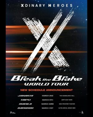 Jooyeon Instagram - ⠀ 
Xdinary Heroes <Break the Brake> World Tour

New Schedule Announcement

📢SHOW INFO

📍Jakarta 2024.03.02 (Sat) @The Kasablanka Hall
📍Taipei 2024.03.08 (Fri) @Zepp New Taipei
📍Manila 2024.03.23 (Sat) @New Frontier Theater
📍Bangkok 2024.03.31 (Sun) @Ultra Arena, Bravo BKK

#XdinaryHeroes #엑스디너리히어로즈
#BreaktheBrakeWorldTour
#WE_ARE_ALL_HEROES
