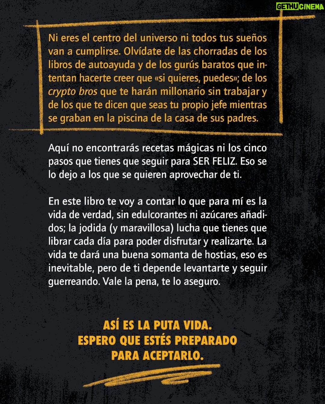 Jordi Wild Instagram - Hoy es un día muy importante porque tengo que anunciar algo que os va a encantar: ¡el 3 de Noviembre se publica mi nuevo libro ASÍ ES LA PUTA VIDA (El libro de Anti-Autoayuda)! En este libro, hecho por mí (se tenía que decir 😂), explico las realidades de la vida, las hostias que vas a recibir, las falsas esperanzas que algunos quieren meter en tu cabeza y que llevan a frustraciones y problemas mentales; pero todo desde un punto de vista constructivo y optimista, la vida es dura pero maravillosa. También relataré porque para mí el mal llamado negocio de la autoayuda hace mucho más daño que bien, como los gurús, tanto místicos como modernos, se quieren aprovechar de vosotros por dinero, o del daño que las redes sociales y el hate os pueden hacer si no sabéis gestionarlo. La vida tiene ciertas reglas, y para jugar bien las tienes que conocer. Y muchas más cosas de las que no os quiero hacer spoiler… creo, de verdad, que es de lo mejor que he hecho en mi vida. Ya lo podéis reservar en Amazon: Así es la puta vida: El libro de ANTI autoayuda (Plan B) https://amzn.eu/d/fzfs8VO (si lo buscáis en si buscador también aparece). Espero que tengáis tantas ganas de leerlo como yo de hacerlo.