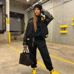Jordyn Woods Instagram - A sample from the @woodsbyjordyn archive that @karltowns and I collaborated on.. I’m actually obsessed with this letterman.. should we produce this!? Also bringing something other than clothing to @woodsbyjordyn this holiday season.. 😉 ALSO Black Friday sale coming this week, 35% off and a free HAT with purchase over $150🤍