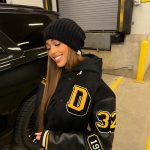 Jordyn Woods Instagram - A sample from the @woodsbyjordyn archive that @karltowns and I collaborated on.. I’m actually obsessed with this letterman.. should we produce this!? Also bringing something other than clothing to @woodsbyjordyn this holiday season.. 😉 ALSO Black Friday sale coming this week, 35% off and a free HAT with purchase over $150🤍