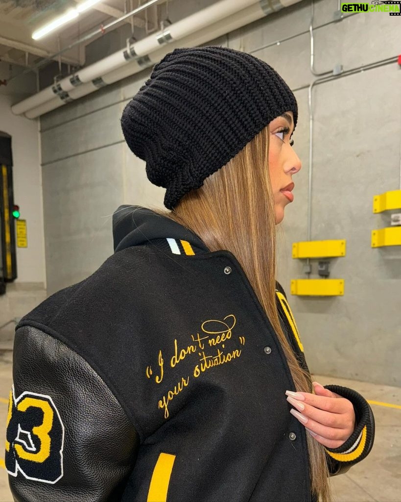 Jordyn Woods Instagram - A sample from the @woodsbyjordyn archive that @karltowns and I collaborated on.. I’m actually obsessed with this letterman.. should we produce this!? Also bringing something other than clothing to @woodsbyjordyn this holiday season.. 😉 ALSO Black Friday sale coming this week, 35% off and a free HAT with purchase over $150🤍