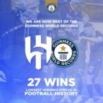 Jorge Jesus Instagram - Hoje igualamos o recorde ! Entramos para o Guinness World Records com 27 vitórias consecutivas e 35 jogos sem perder. Quero agradecer em primeiro lugar aos meus jogadores, à equipa técnica do Al Hilal e à direção do clube! Mas não poderia deixar de dar uma palavra especial aos nossos adeptos, que são o nosso braço armado, sem vocês era impossível! Este é o resultado de um grande trabalho de equipa! Rumo aos nossos objetivos! Today we matched the record ! We entered the Guinness World Records with 27 consecutive wins and 35 games without losing. First of all, I want to thank my players, the Al Hilal technical team and the club’s management! But I couldn’t help but give a special word to our fans who are our armed wing, without you it was impossible! This is the result of great teamwork! Towards our goals! @alhilal @guinnessworldrecords #alhilal #guinnessworldrecord Riyadh, Saudi Arabia