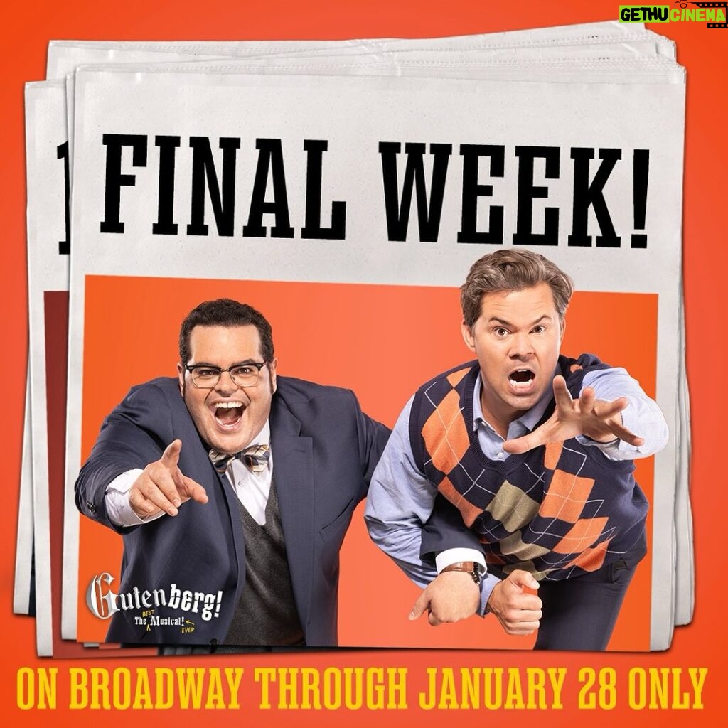 Josh Gad Instagram - THE FINAL COUNTDOWN! Only 1 more week to see #GutenbergBway🍽️✨ James Earl Jones Theatre