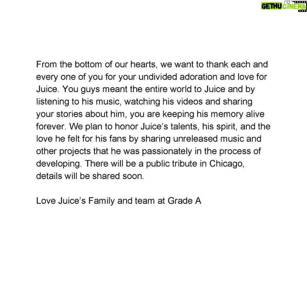 Juice WRLD Instagram - A message from Juice’s family and friends. Please head to @gradea for all forthcoming information regarding Juice WRLD. #lljw🕊