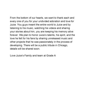 Juice WRLD Instagram - A message from Juice’s family and friends. Please head to @gradea for all forthcoming information regarding Juice WRLD. #lljw🕊
