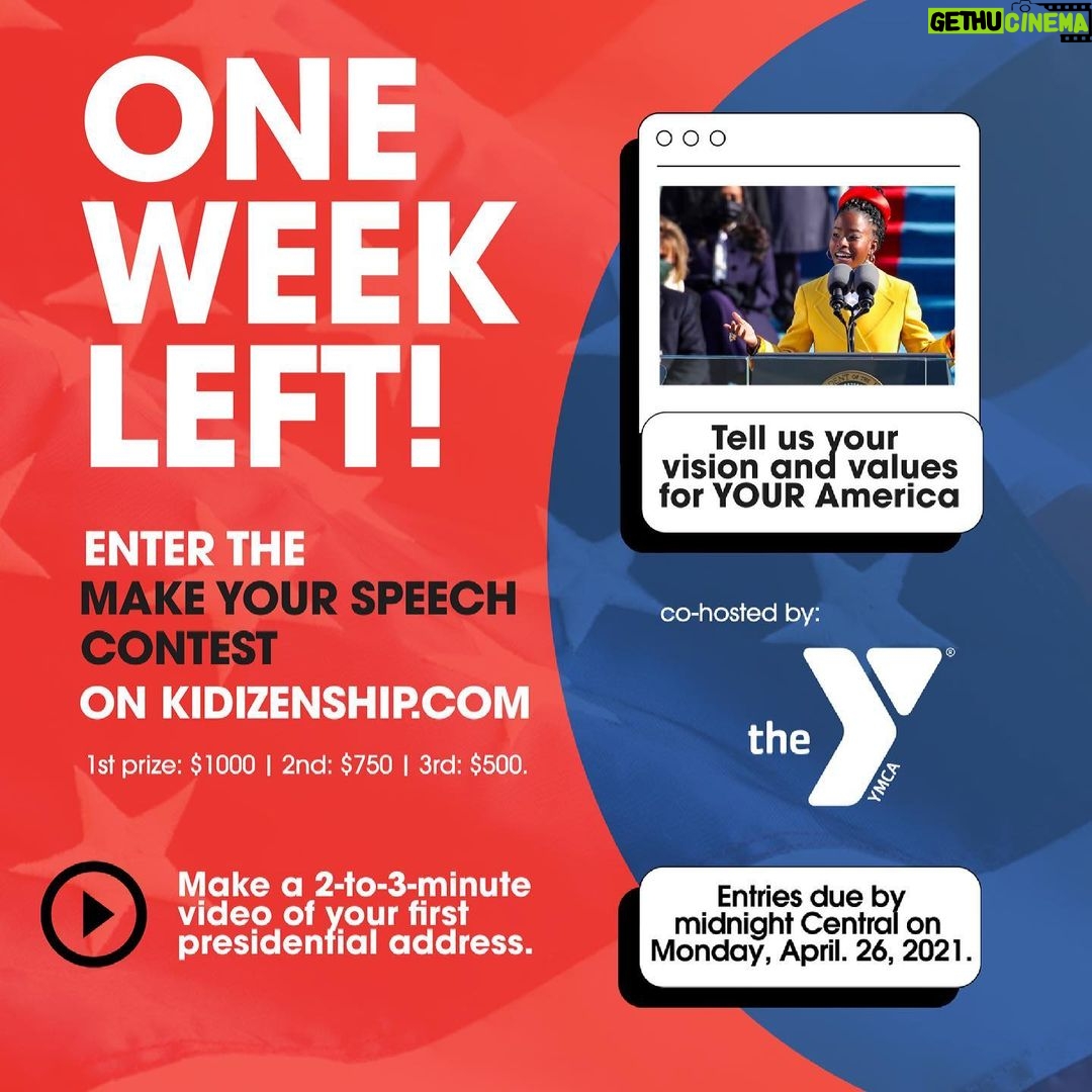 Julia Louis-Dreyfus Instagram - ONE WEEK LEFT TO ENTER! Deadline for the @kidizenshipUSA MAKE YOUR SPEECH contest coming up on Monday April 26th. Kids 8-18yo are invited to write and perform their own presidential speeches. I'm excited to judge this with @jfavs @willhurd and @baratunde - $1000 1st prize and co-hosted by @ymca Youth and Government programs. Make a 2-3 minute video of your presidential speech. What will you accomplish in the next 4 years? Tell us your vision and values for YOUR America. Can't wait to see your videos and celebrate the power of speech. Share with friends, neighbors, teachers and students! Details at: Kidizenship.com/make-your-speech