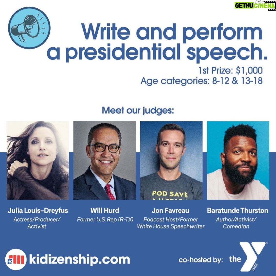 Julia Louis-Dreyfus Instagram - Fellow young Americans, @jfavs @baratunde @hurdonthehill and I want to hear you SPEAK! @kidizenshipUSA and @ymca Youth and Government Programs are launching a contest today that invites kids age 8-18 to write and perform their own presidential speeches. Make a 2-3 minute video of your presidential speech. What will you accomplish in the next 4 years? Tell us your vision and values for YOUR America. We can’t wait to see your videos and celebrate the power of speech. 1st prize gets $1000! Further details at: Kidizenship.com/make-your-speech